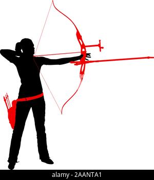 Silhouette donna attraente archer la curvatura di un arco e mirando nel bersaglio. Illustrazione Vettoriale
