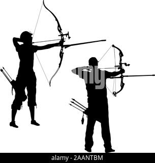 Set di Silhouette attraente maschio e femmina archer la curvatura di un arco e mirando nel bersaglio. Illustrazione Vettoriale