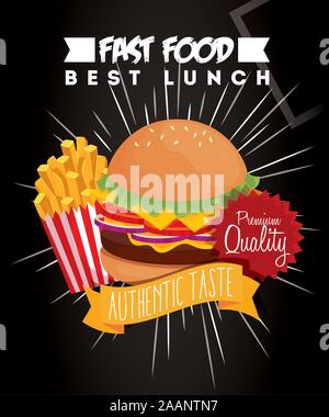 Il poster di fast food con hamburger e di qualità premium Illustrazione Vettoriale
