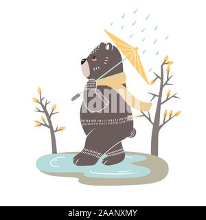 Carino recare su uno sfondo di alberi. Mano Illustrazione disegnata in stile scandinavo. Illustrazione Vettoriale