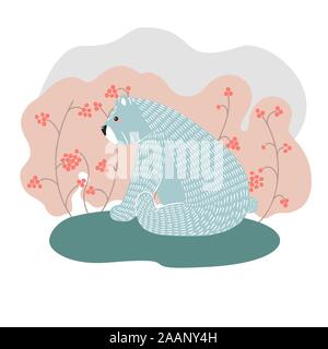 Carino recare su uno sfondo di alberi. Mano Illustrazione disegnata in stile scandinavo. Illustrazione Vettoriale