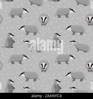 Modello senza cuciture con cute raccoon e diversi elementi. Illustrazione Vettoriale in stile scandinavo. Illustrazione Vettoriale