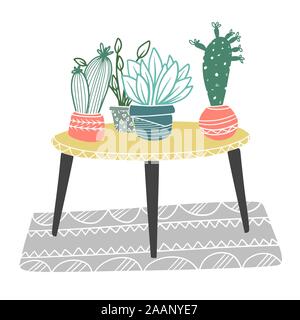 Piante in vaso. La tabella con le diverse piante. Illustrazioni vettoriali in stile scandinavo Illustrazione Vettoriale