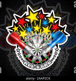 Colore stelle flaing fuori da dartboard con il rosso e il blu freccette. Sport logo per qualsiasi gioco di freccette o campionato Illustrazione Vettoriale