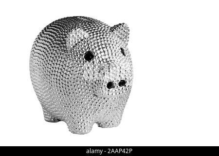 Argento metallico salvadanaio con gli occhi neri isolati su sfondo bianco. Foto Stock
