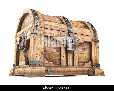 Vecchia cassa di legno scatola con tesoro isolati su sfondo bianco. 3d illustrazione Foto Stock