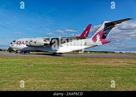 Yeovilton, Somerset / UK - 13 Luglio 2019: Un Qatar Emiri Air Force Boeing C-17A Globemaster III militare piano di trasporto Foto Stock