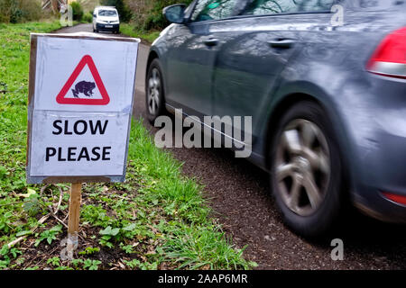 Warminster, Wiltshire, Regno Unito - 11 Marzo 2019: UN ROSPO Segnale di avvertimento in corrispondenza di Smallbrook Road che è stato posto dalla Smallbrook Toad Patrol Foto Stock