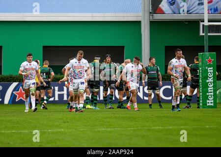 Treviso, Italia. Novembre 23, 2019, Treviso, Italia: Benetton Treviso dopo latryduring Benetton Treviso vs Northampton santi, Rugby Heineken Champions Cup a Treviso, Italia, 23 novembre 2019 - LPS/Ettore Grifoni Credito: Ettore Grifoni/LP/ZUMA filo/Alamy Live News Foto Stock