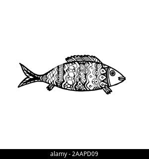 Illustrazione Vettoriale di disegnato a mano cartoon modellato il pesce. Pagina di colorazione libro - zendala per relax e meditazione Illustrazione Vettoriale