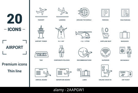 Icona Airport set. Includere elementi creativi decollo, in tutto il mondo, aeroporto torre, sedile di aereo, taxi icone. Può essere utilizzato per la relazione, presentazione Foto Stock