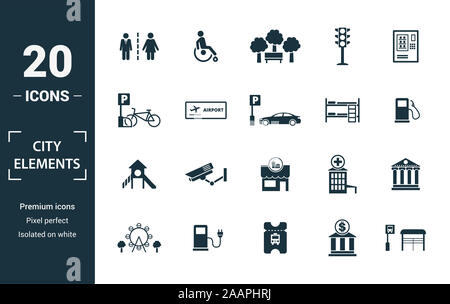 Elementi di città icon set. Includere elementi creativi restroom sign, parco pubblico, noleggio auto, ostello, parco giochi icone. Può essere utilizzato per il report Foto Stock