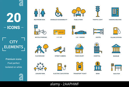 Elementi di città icon set. Includere elementi creativi restroom sign, parco pubblico, noleggio auto, ostello, parco giochi icone. Può essere utilizzato per il report Foto Stock