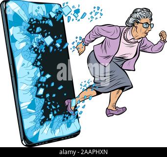 Femmina lady in pensione e il nuovo concetto tecnologico. nonna punzoni dello schermo dello smartphone e va online Illustrazione Vettoriale