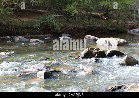 Il fiume Eno scorre su rocce e massi attraverso una foresta in Eno River State Park, North Carolina, Stati Uniti d'America, in una giornata di sole Foto Stock