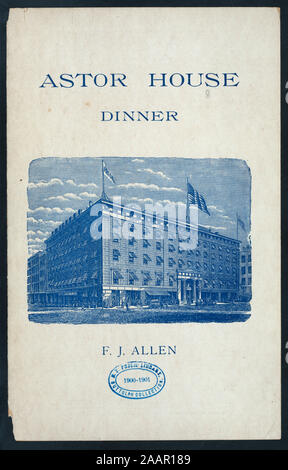 La cena (detenute da) ASTOR HOUSE (a) (NEW YORK, NY-) (HOTEL;) un menu à la carte; INCLUDE UN PREZZO VINI E LIQUORI ELENCO; foto di hotel sul coperchio; cena [detenute da] ASTOR HOUSE [A] (NEW YORK, NY?) (HOTEL;) Foto Stock