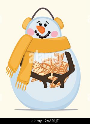 Allegro pupazzo di neve con Natale gingerbread cookie. Illustrazione Vettoriale. Illustrazione Vettoriale