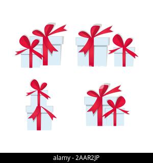 Raccolta di avvolgere i regali di natale con centine rosso. La tradizione dei regali impostato in carta tagliata stile. Regali di natale set di icone per il boxing day, isolata su Illustrazione Vettoriale