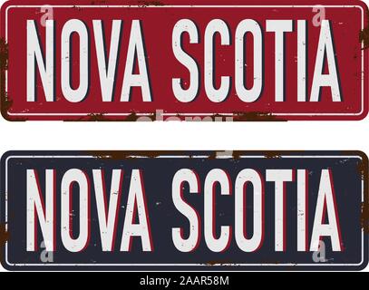 Nova Scotia Canada Vintage Cartello in metallo souvenir di viaggio su grunge sfondo graffiato. Illustrazione Vettoriale