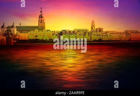 Abstract tramonto rosso con uno sfondo con cielo violett e panorama di Heidelberg Illustrazione Vettoriale