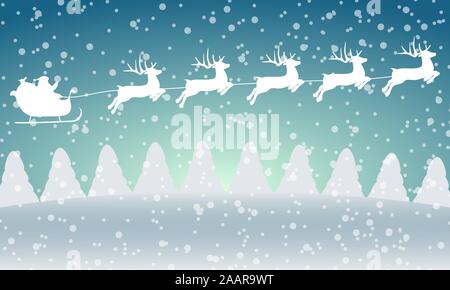 Natale renne stanno portando a Santa Claus in una slitta con doni. Illustrazione Vettoriale