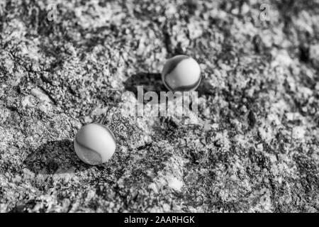 Marmi in vetro bianco e nero su superficie ruvida in pietra. Per qualcosa perso, salute mentale, perdere i vostri marmi, sfere astratte, sogni, Biden & marmi. Foto Stock