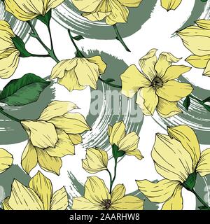 Vector Magnolia floreale di fiori botanica. Bianco e nero inchiostro inciso art. Perfetta configurazione di sfondo. Illustrazione Vettoriale