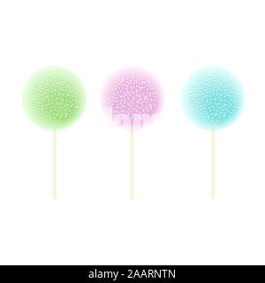 Tre connettori lollipop verde, rosa, blu. Impostare isolato su bianco. glassa e spruzza, illustrazione vettoriale. Illustrazione Vettoriale