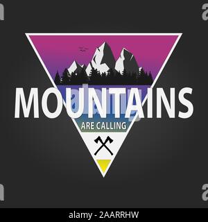 La montagna chiama. vettore Outdoor Adventure suscitando motivazione logo emblema Illustrazione Vettoriale