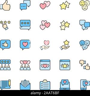 Set di feedback del colore piatto le icone della linea. Pollice in alto, come antipatia, cuori e più. Illustrazione Vettoriale