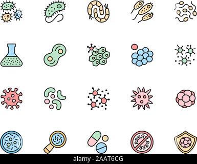 Set di batteri probiotici Virus e schermo piatto a colori e icone di linea. Microbo, germe, Cell, caviale, Petri, sistema immunitario, medico pillole, pallone da laboratorio un Illustrazione Vettoriale