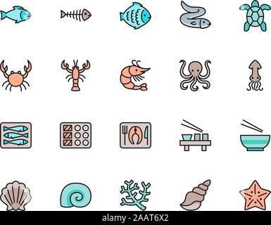 Set di pesci e animali acquatici e piatti a base di pesce linea di colore delle icone. La passera pianuzza, Anguilla, tartaruga, granchi, aragoste, gamberi, calamari, spratti, piatto di sushi, il Seashell, Ott Illustrazione Vettoriale