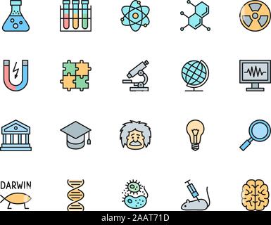 Set di scienza linea di colore delle icone. Scuola Globe, evoluzione, DNA, batteri e più Illustrazione Vettoriale