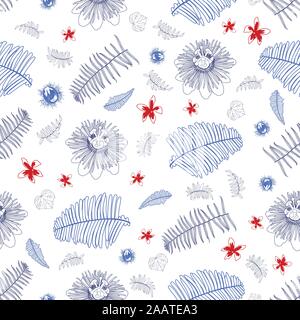 Vector bianco illustrazione botanica di foglie di felce e fiori ripetere il modello 01. Profilo isolato disegno di pianta tropicale. Perfetto per tessuto Illustrazione Vettoriale