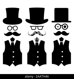 Set di gentleman stick figure, nero mans sagome su uno sfondo bianco. Icone di persone, illustrazione vettoriale. Illustrazione Vettoriale