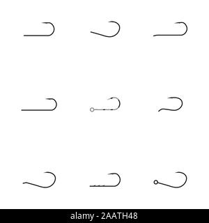 Gli accessori di pesca da linee sottili. Set di diversi ganci, isolato su sfondo bianco, illustrazione vettoriale. Illustrazione Vettoriale