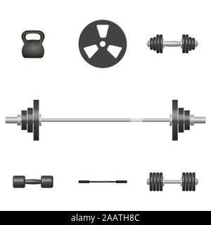 Set di 3D Sport gli elementi di apparecchiature. Elementi di progettazione per la palestra e la sala fitness. Vista frontale, illustrazione vettoriale. Illustrazione Vettoriale