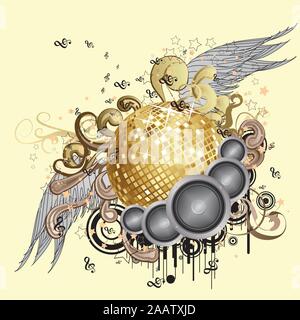 Musica di sottofondo con spumante golden palla da discoteca con le ali. Illustrazione Vettoriale