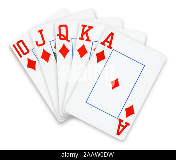 Carte da poker dritto Flush Diamonds mano - isolato su bianco Foto Stock