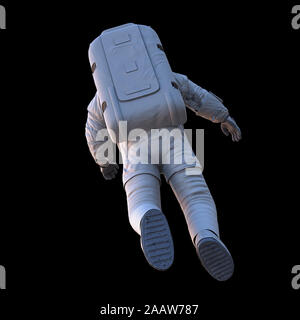 Flying astronauta, vista posteriore, isolato su sfondo nero, vista posteriore Foto Stock