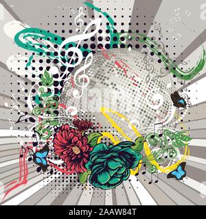 Grunge music design con argento palla da discoteca e floreale. Illustrazione Vettoriale