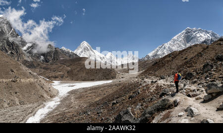 Donna di fronte a monte Pumori, Himalaya, Solo Khumbu, in Nepal Foto Stock
