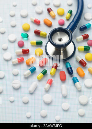 Angolo di alta vista di vari farmaci disposti intorno a uno stetoscopio su un foglio di carta millimetrata Foto Stock