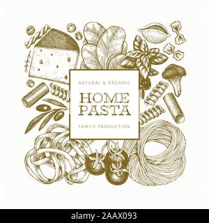 La pasta italiana con aggiunta del modello di progettazione. Disegnato a mano il cibo del vettore illustrazione. Stile inciso. Pasta retrò tipi diversi background. Illustrazione Vettoriale