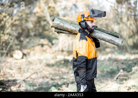 Professional lumberman in indumenti da lavoro protettiva con una motosega che trasportano tronchi di legno durante il lavoro sul disboscamento in pineta Foto Stock