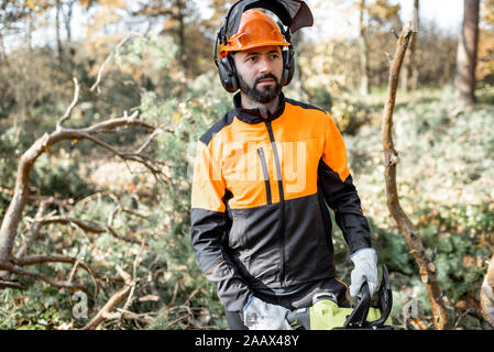 Vita-up verticale di un professionista lumberman in indumenti da lavoro protettiva registrazione con chainsaw nella pineta Foto Stock