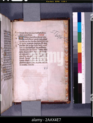 Esplicite di testo principale elencati in de Ricci, Seymour, il censimento di medievale e rinascimentale, manoscritti negli Stati Uniti e in Canada. New York. N.Y.: H.W. Wilson, 1935; e il supplemento, New York, N.Y.: Società Bibliografica dell'America, 1962. Proprietà : Douglas Vendita (1856); R.L. Stuart raccolta, tramandato 1892. De Ricci, 1326. Grafico dal dottor G.B. Valutazione. 21 linee lunghe, governato in penna, con prickings visibile. Pergamena 6 miniature e 5 accese le iniziali. Animas occasionali, figure umane e grottesche nelle frontiere. Blu di grandi dimensioni iniziali sui campi d'oro. Iniziali in oro su rosso/blu campi. Blu e Foto Stock