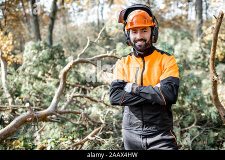 Vita-up verticale di un professionista lumberman in harhat e indumenti da lavoro protettiva in piedi nella foresta di pini Foto Stock