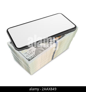 Mettere il telefono su un dollaro 3d'illustrazione su sfondo bianco.(con percorso di clipping). Foto Stock