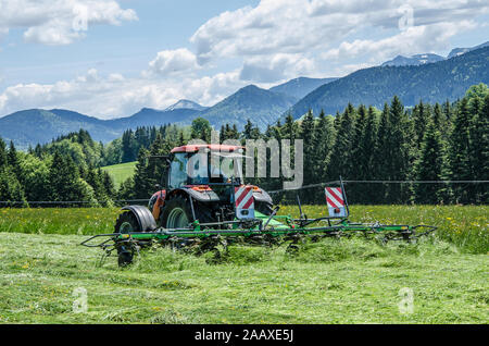 Rendendo il fieno mentre il sole splende sul altopiano alpino della Baviera Foto Stock